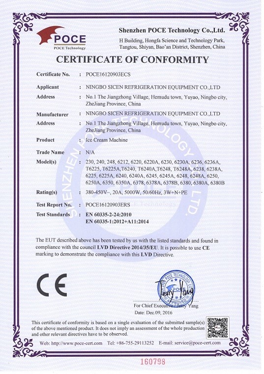 China NingBo Sicen Refrigeration Equipment Co.,Ltd Zertifizierungen